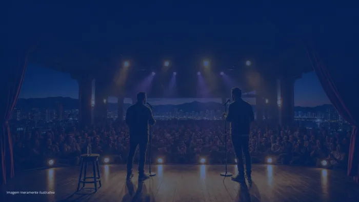 Dois comediantes em silhueta ao microfone no palco de teatro, imagem meramente ilustrativa