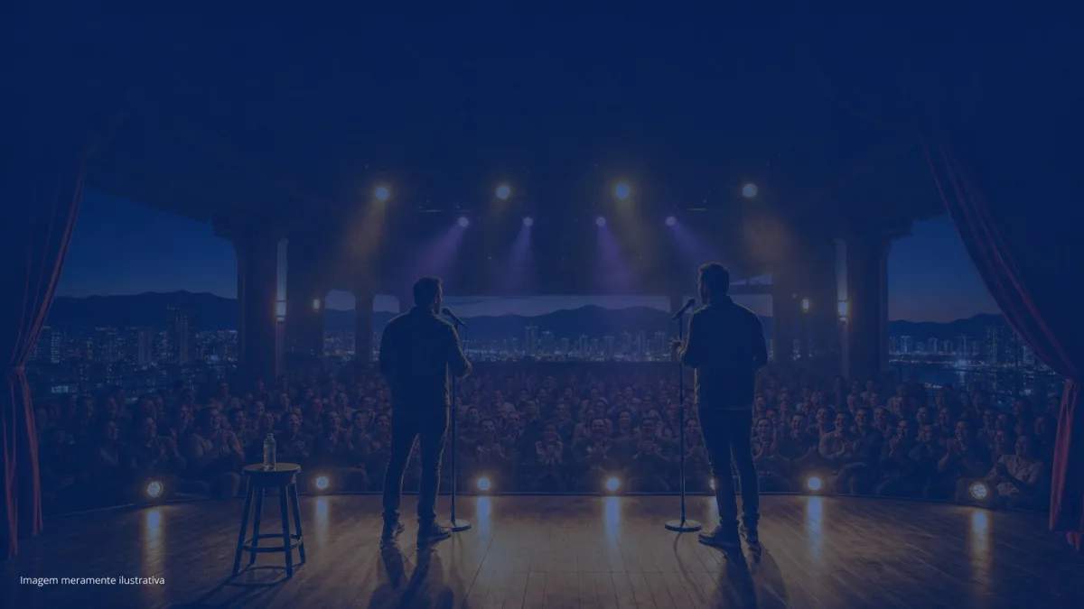 Dois comediantes em silhueta ao microfone no palco de teatro, imagem meramente ilustrativa