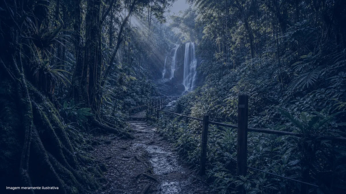 Trilha em floresta de mata atlântica densa com cachoeira ao fundo, imagem meramente ilustrativa