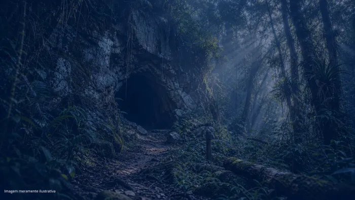 Entrada de uma gruta de pedra em meio à mata da serra, imagem meramente ilustrativa