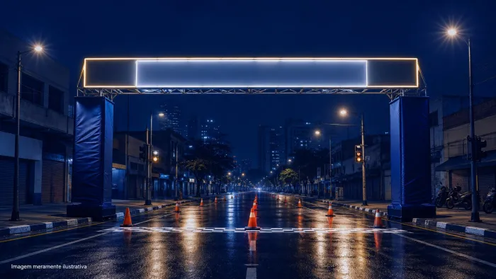Rua urbana a noite com arco de largada de corrida iluminado e cones, imagem meramente ilustrativa