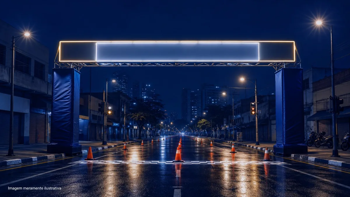 Rua urbana a noite com arco de largada de corrida iluminado e cones, imagem meramente ilustrativa