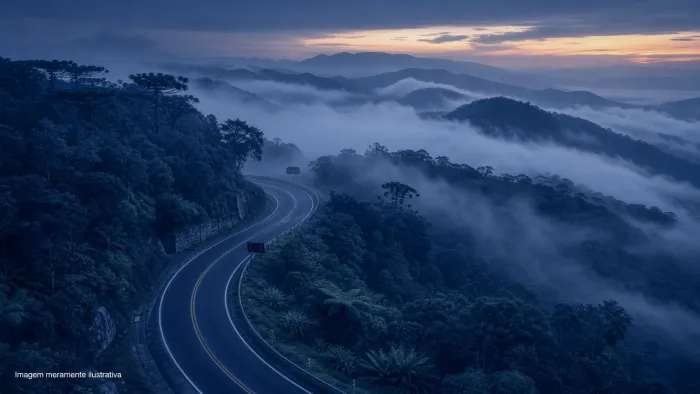 Estrada de serra em curva ao amanhecer com neblina e mata, imagem meramente ilustrativa
