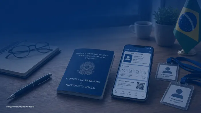 Carteira de trabalho sobre a mesa ao lado de celular com aplicativo de documentos aberto, imagem meramente ilustrativa