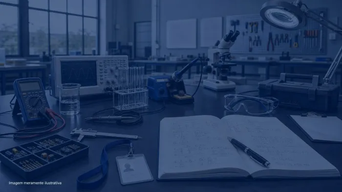 Bancada de laboratorio tecnico com equipamentos e caderno de anotacoes, imagem meramente ilustrativa