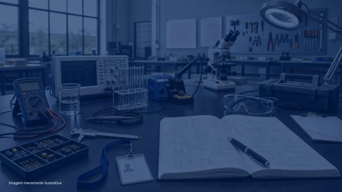 Bancada de laboratorio tecnico com equipamentos e caderno de anotacoes, imagem meramente ilustrativa