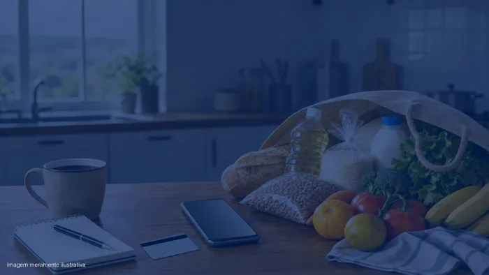 Celular e cartao sobre mesa de cozinha ao lado de sacola de compras com alimentos, imagem meramente ilustrativa