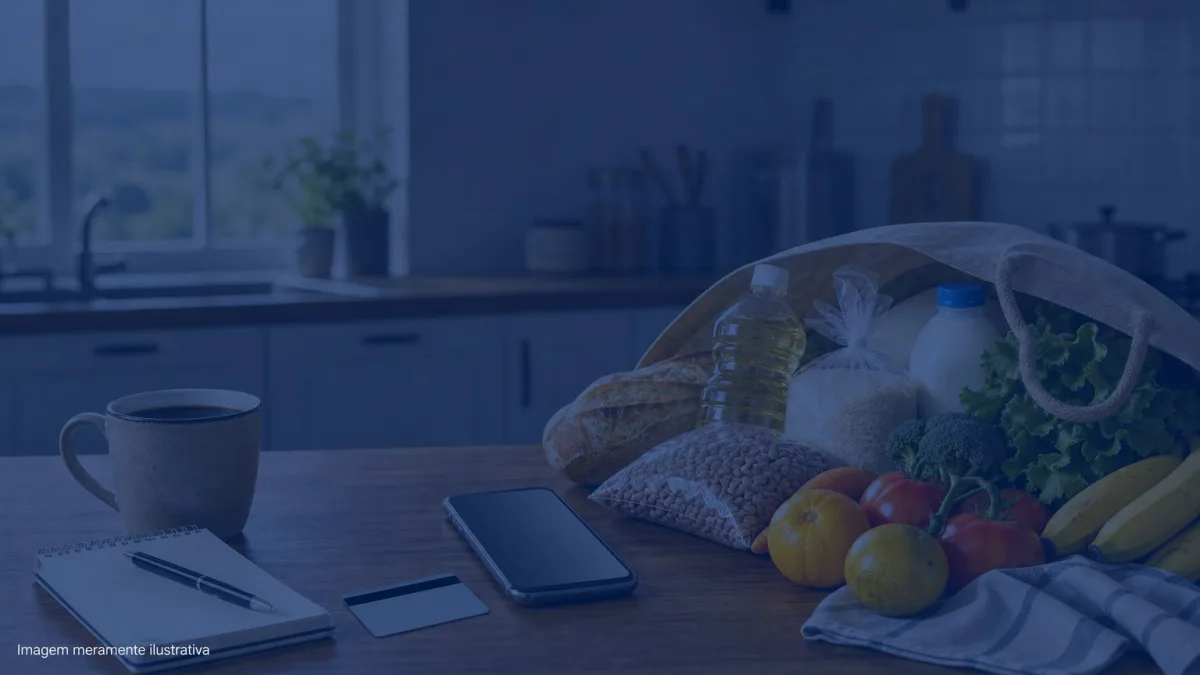 Celular e cartao sobre mesa de cozinha ao lado de sacola de compras com alimentos, imagem meramente ilustrativa