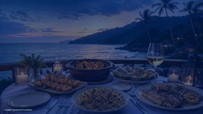 Mesa de restaurante a beira-mar com pratos de frutos do mar e velas ao entardecer, imagem meramente ilustrativa