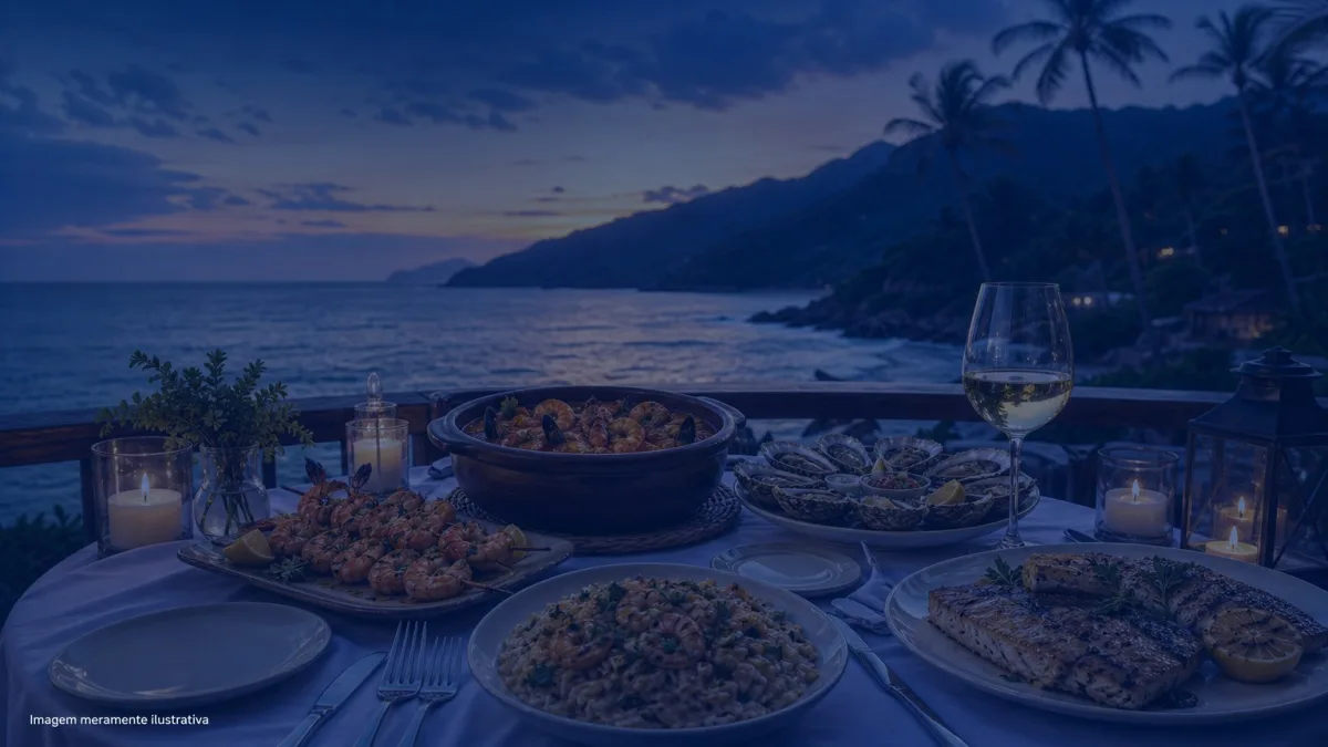 Mesa de restaurante a beira-mar com pratos de frutos do mar e velas ao entardecer, imagem meramente ilustrativa