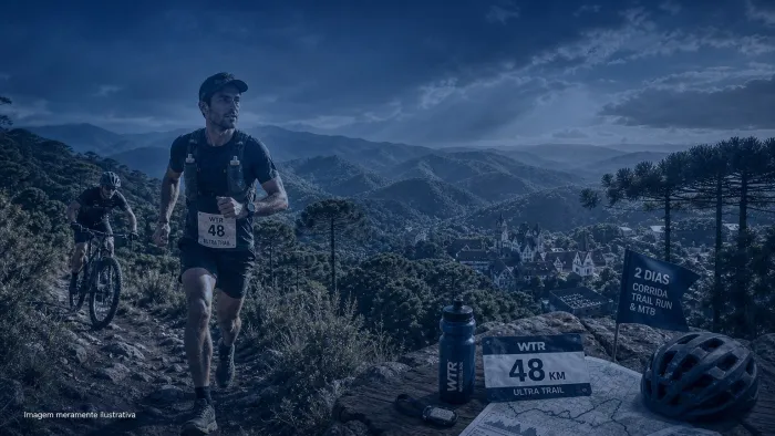 Corredores de trail e ciclistas de mountain bike em trilha de montanha, imagem meramente ilustrativa