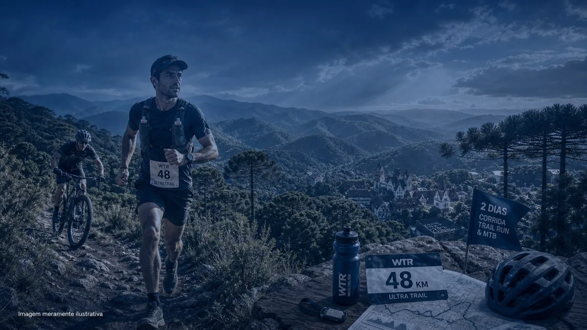Corredores de trail e ciclistas de mountain bike em trilha de montanha, imagem meramente ilustrativa