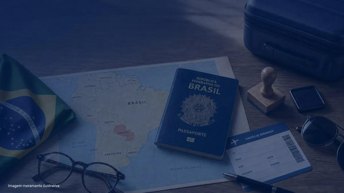 Passaporte brasileiro sobre mapa da America do Sul ao lado de mala de mao, imagem meramente ilustrativa