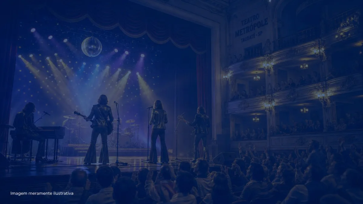 Banda de tributo em silhueta no palco de teatro histórico com globo espelhado, imagem meramente ilustrativa