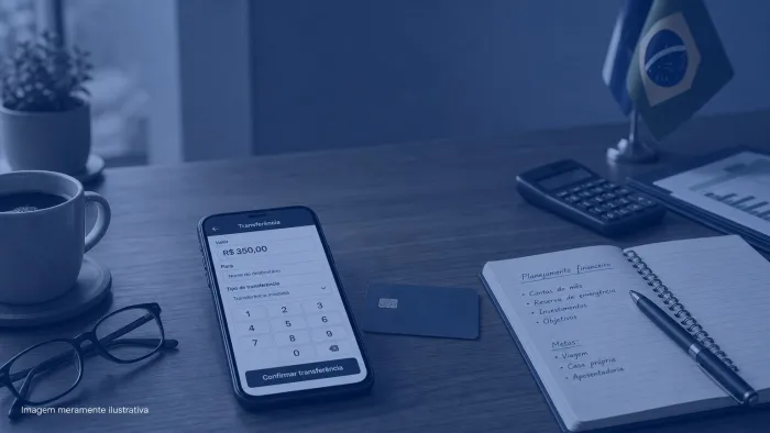 Celular sobre mesa exibindo tela de transferencia bancaria ao lado de cartao e caderno, imagem meramente ilustrativa