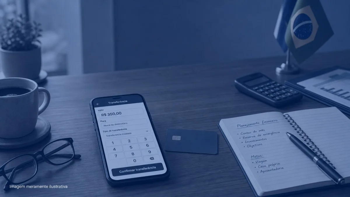 Celular sobre mesa exibindo tela de transferencia bancaria ao lado de cartao e caderno, imagem meramente ilustrativa