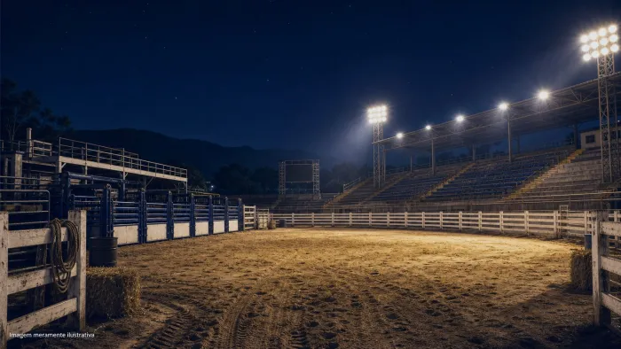 Arena de rodeio vazia com arquibancadas e refletores acesos a noite, imagem meramente ilustrativa