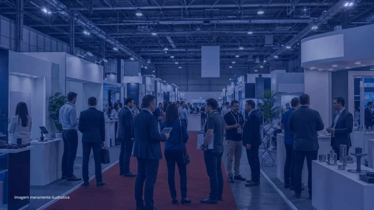 Feira de negócios em um pavilhão, com estandes de empresas e visitantes, imagem meramente ilustrativa
