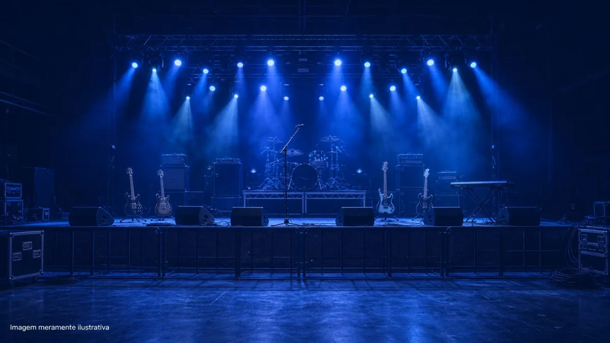 Palco de show de rock com guitarras no suporte, bateria e luzes azuis, imagem meramente ilustrativa