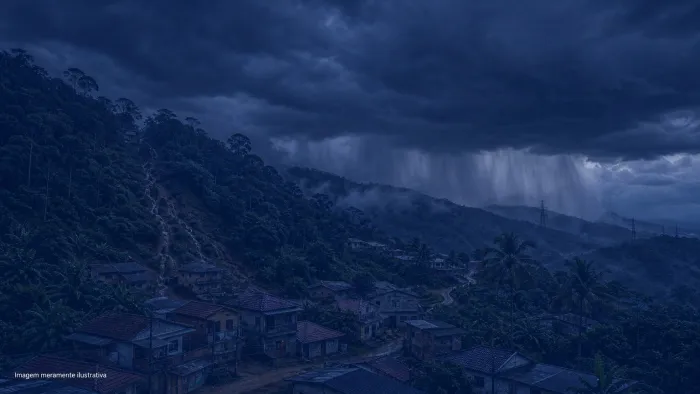 Nuvens escuras e chuva forte sobre encosta de mata atlantica com casas ao pe do morro, imagem meramente ilustrativa