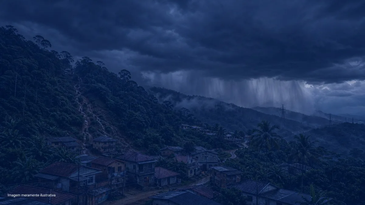 Nuvens escuras e chuva forte sobre encosta de mata atlantica com casas ao pe do morro, imagem meramente ilustrativa