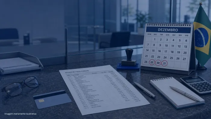 Cartao de banco e extrato impresso sobre balcao ao lado de calendario de dezembro, imagem meramente ilustrativa