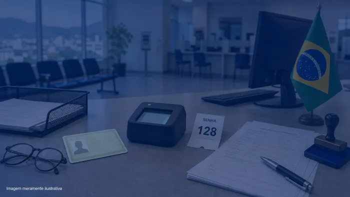 Documento de identidade e leitor biometrico sobre balcao de atendimento, imagem meramente ilustrativa