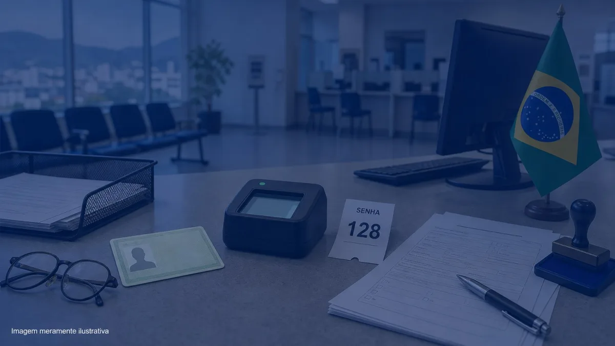 Documento de identidade e leitor biometrico sobre balcao de atendimento, imagem meramente ilustrativa