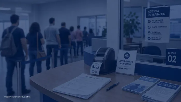 Balcao de atendimento com senhas e formularios e fila desfocada ao fundo, imagem meramente ilustrativa