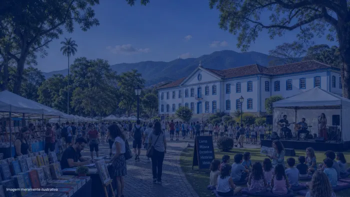 Feira literária ao ar livre em parque com barracas de livros e público, imagem meramente ilustrativa