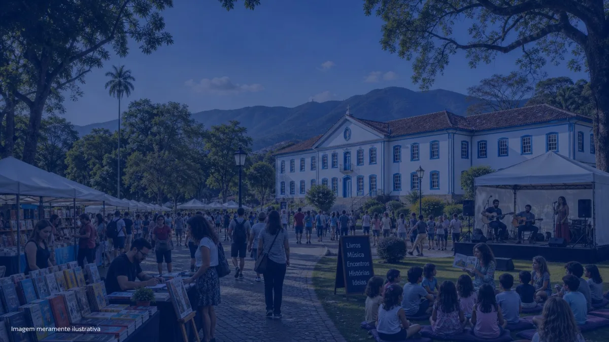 Feira literária ao ar livre em parque com barracas de livros e público, imagem meramente ilustrativa