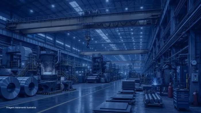 Galpao industrial com equipamentos de metalurgia e pontes rolantes, imagem meramente ilustrativa