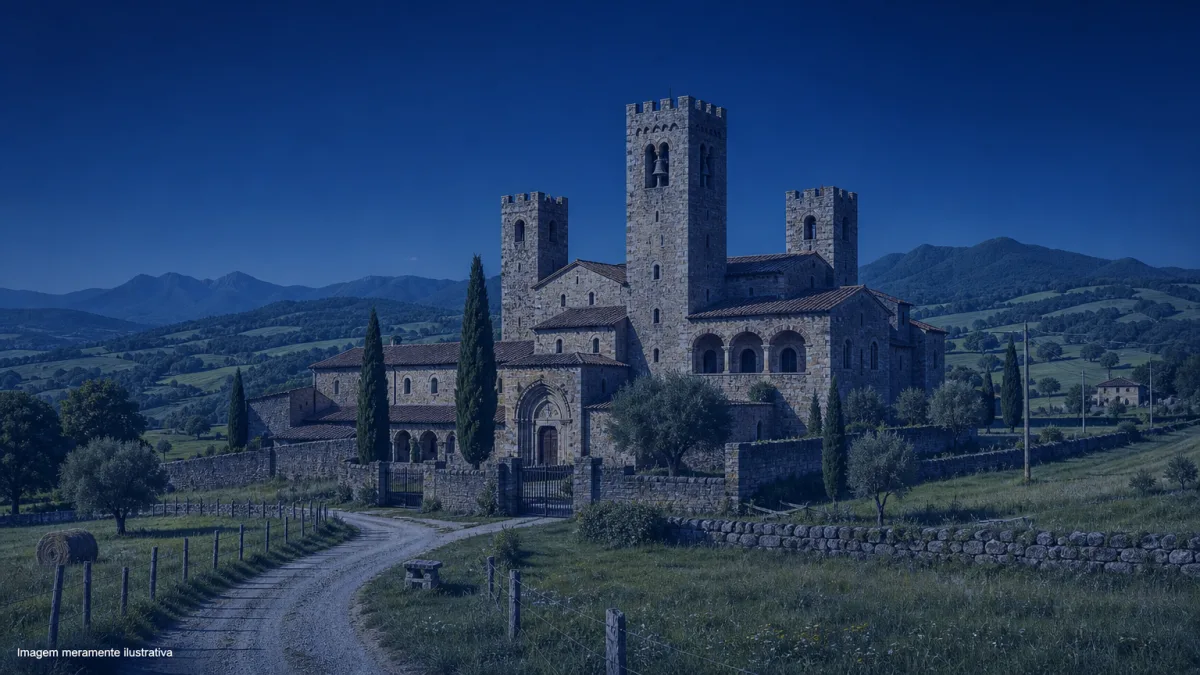 Mosteiro de arquitetura medieval italiana em meio a área rural verde, imagem meramente ilustrativa