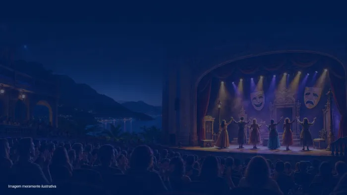 Atores em silhueta no palco de teatro municipal com cortinas de veludo, imagem meramente ilustrativa