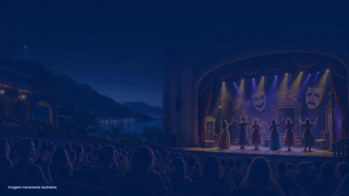 Atores em silhueta no palco de teatro municipal com cortinas de veludo, imagem meramente ilustrativa
