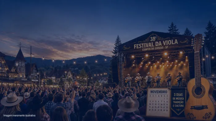 Palco de festival de viola caipira com plateia e pinheiros ao fundo, imagem meramente ilustrativa