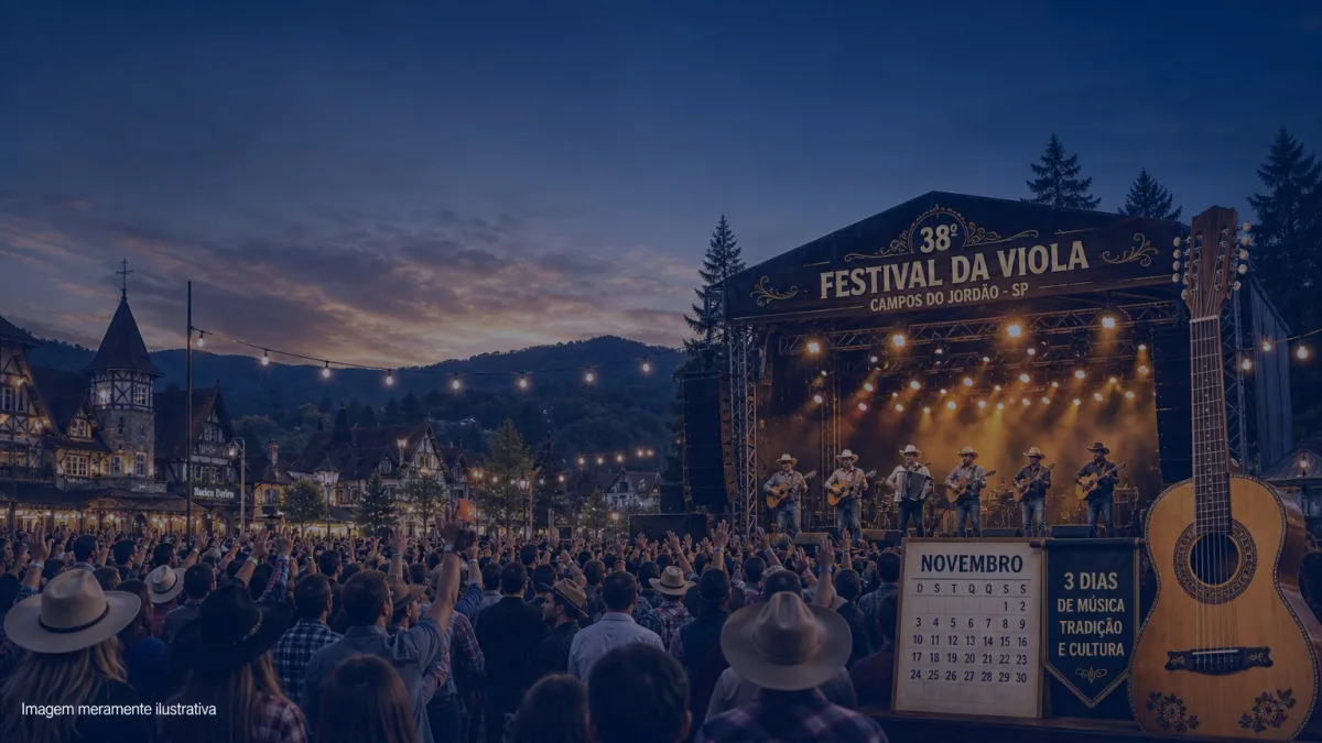Palco de festival de viola caipira com plateia e pinheiros ao fundo, imagem meramente ilustrativa