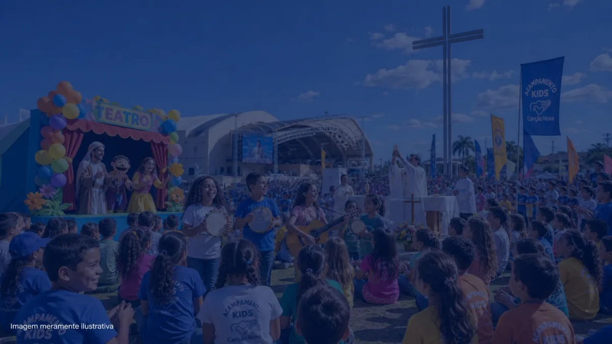 Crianças em atividade recreativa colorida durante acampamento infantil, imagem meramente ilustrativa