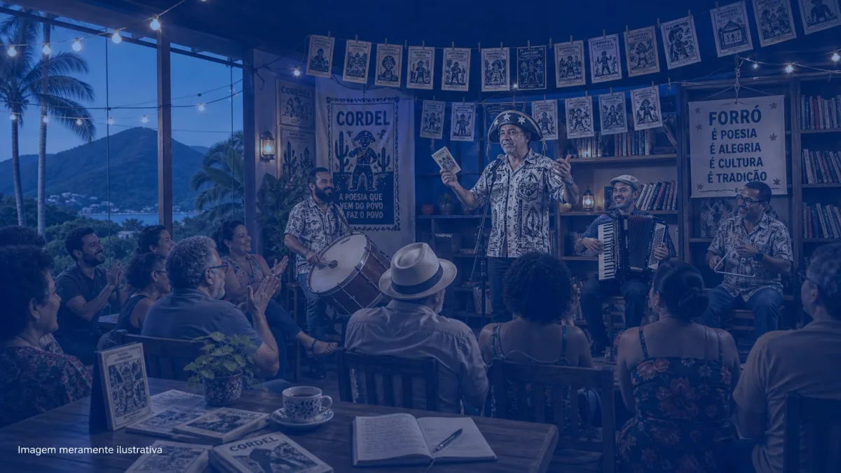 Folhetos de cordel pendurados em varal ao lado de sanfona em ambiente cultural, imagem meramente ilustrativa