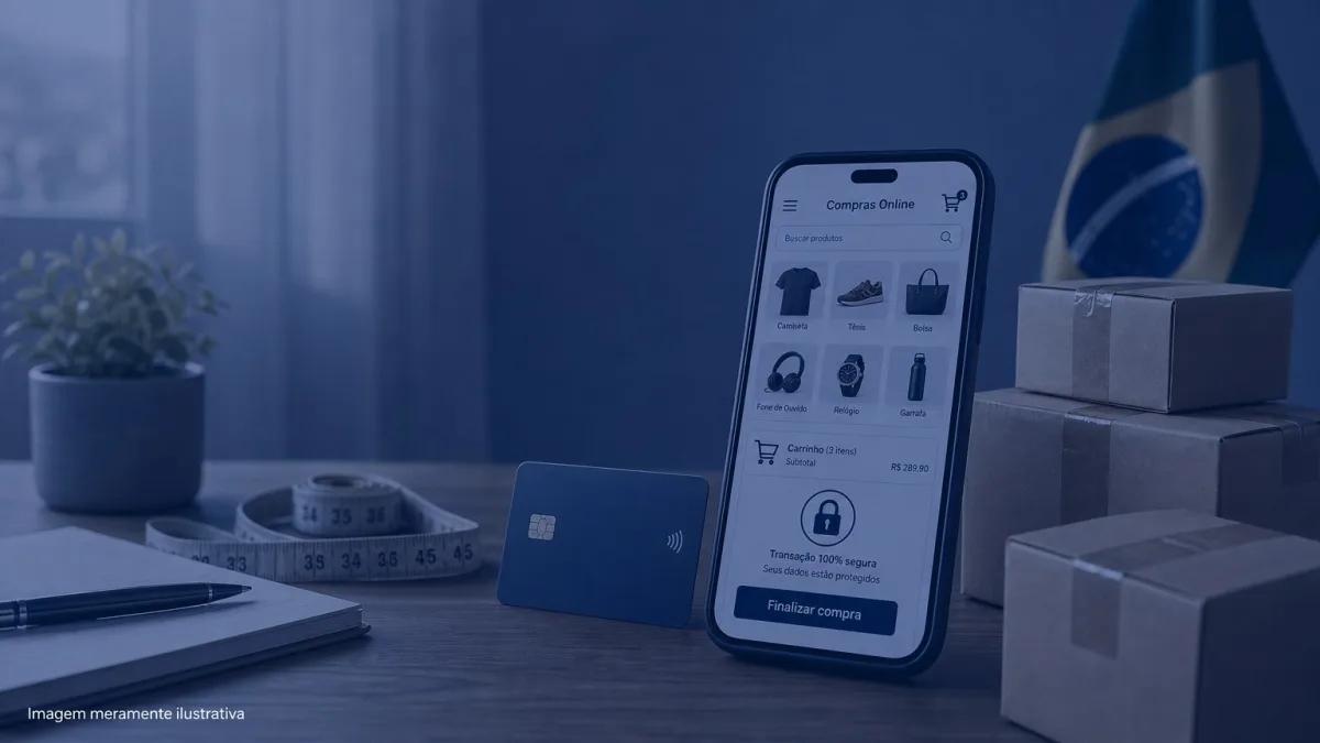 Celular exibindo tela de compras online com carrinho e icone de cadeado ao lado de caixas de entrega, imagem meramente ilustrativa