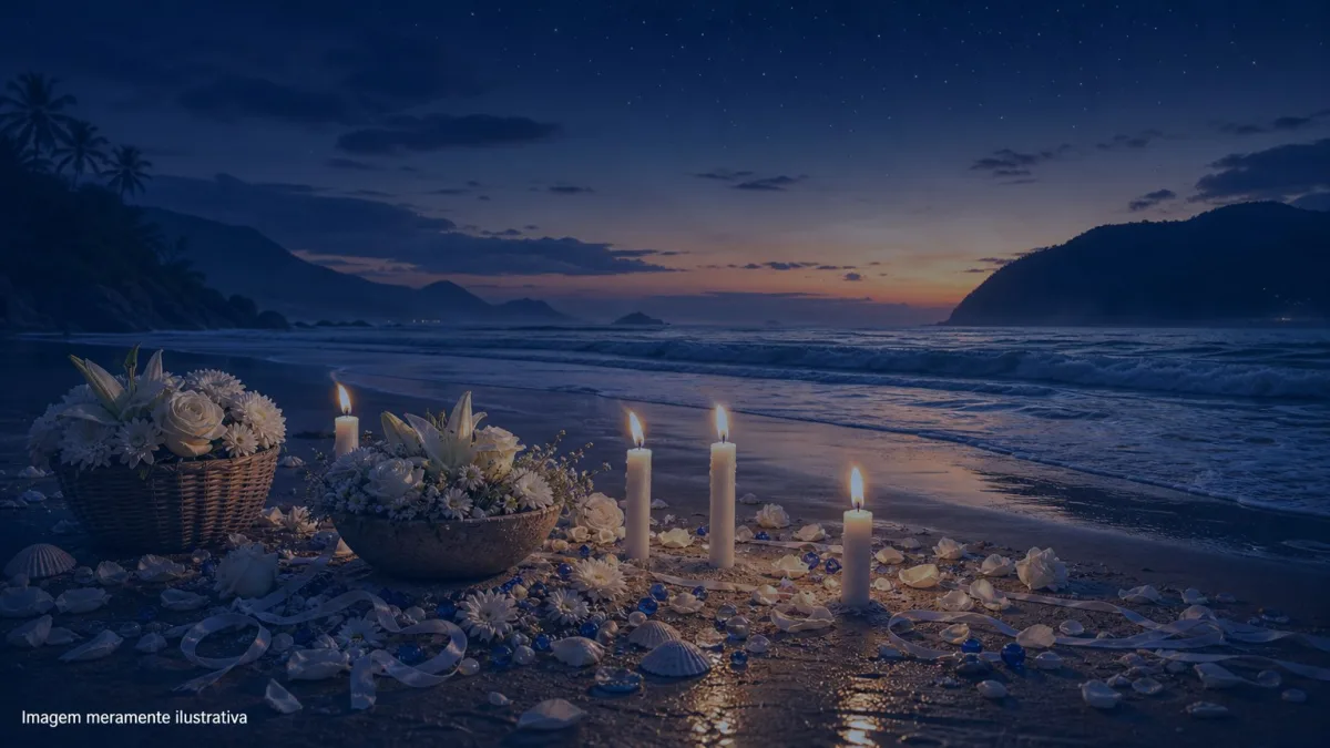 Oferendas de flores brancas e velas na areia da praia ao anoitecer, imagem meramente ilustrativa