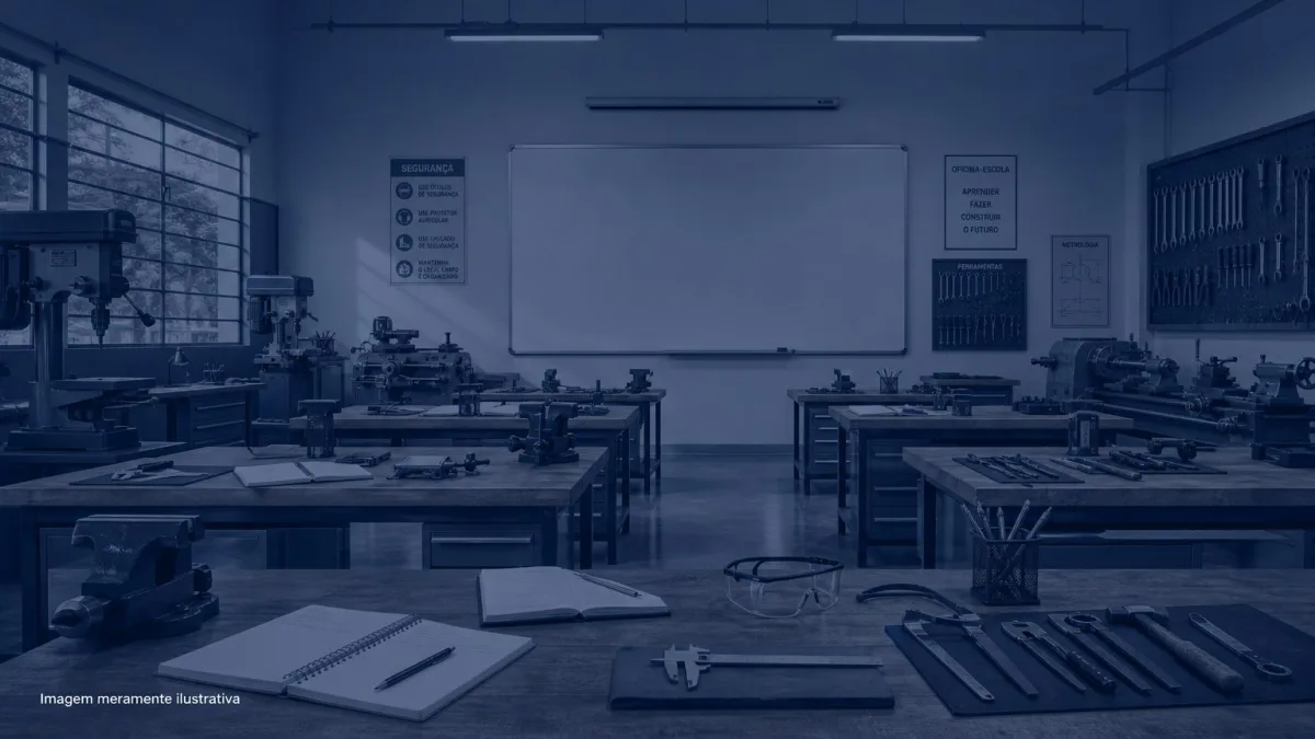 Oficina-escola com bancadas, ferramentas organizadas e equipamentos tecnicos, imagem meramente ilustrativa