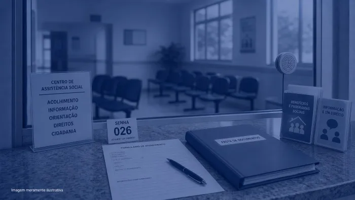 Mesa de atendimento de centro de assistencia social com formularios e senha, imagem meramente ilustrativa