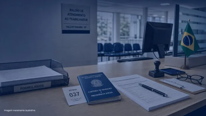 Balcao de atendimento ao trabalhador com formularios e carteira de trabalho, imagem meramente ilustrativa