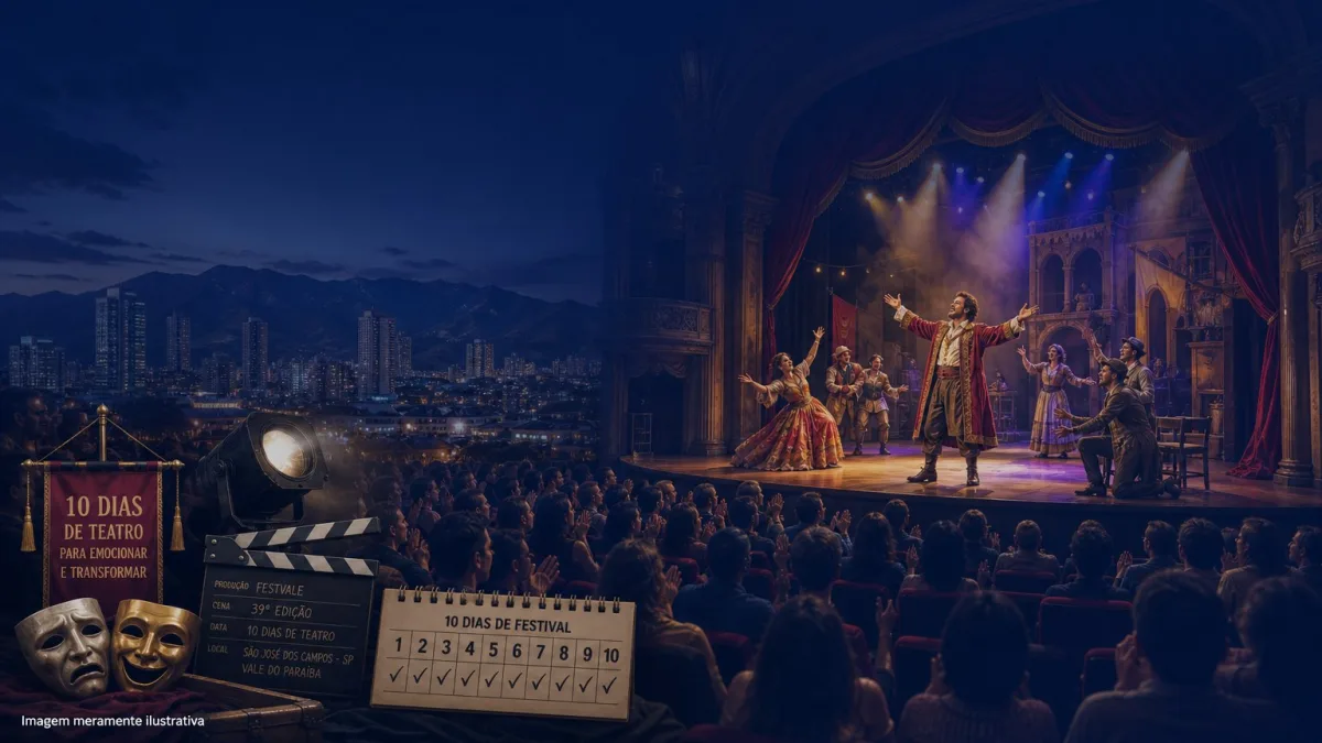 Palco de teatro com atores em figurinos e plateia, imagem meramente ilustrativa