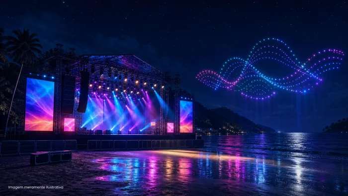 Palco de festival na orla com luzes coloridas e drones iluminados no ceu, imagem meramente ilustrativa