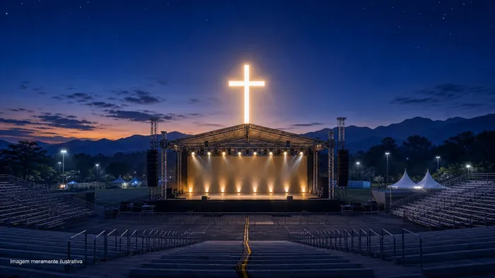 Palco ao ar livre com cruz iluminada e arquibancadas ao anoitecer, imagem meramente ilustrativa