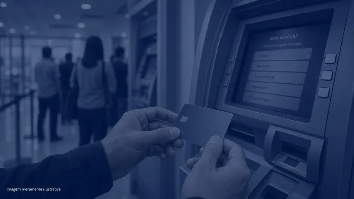 Maos segurando cartao bancario diante de caixa eletronico em agencia, imagem meramente ilustrativa