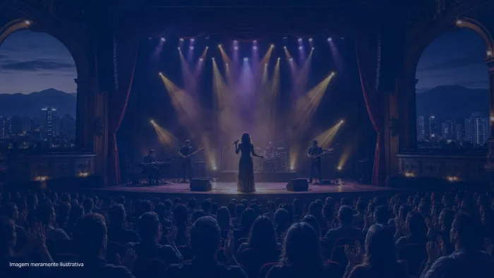 Cantora em silhueta no palco de teatro com banda e iluminação cênica, imagem meramente ilustrativa