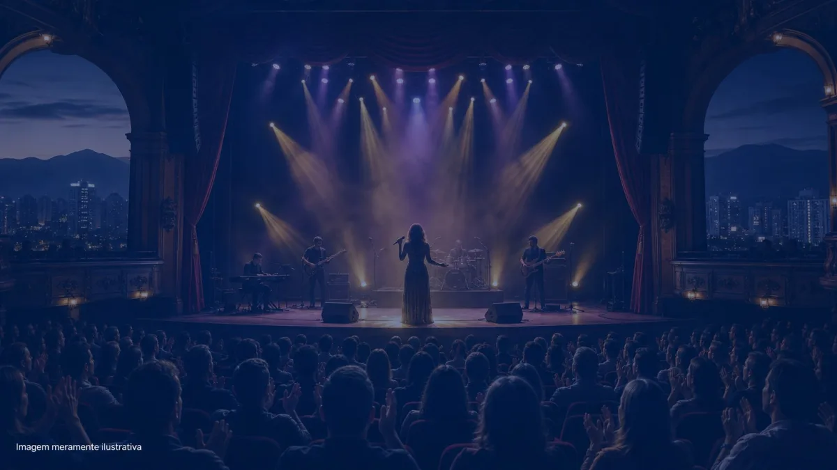 Cantora em silhueta no palco de teatro com banda e iluminação cênica, imagem meramente ilustrativa